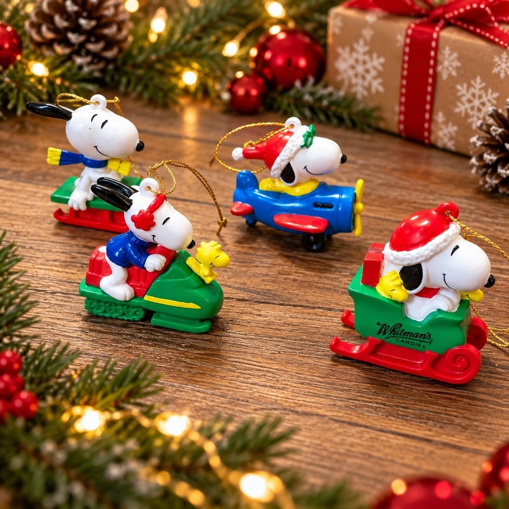 Peanuts Snoopy Woodstock Christmas Ornaments 4 Sled Plane Snowmobile Whitman's